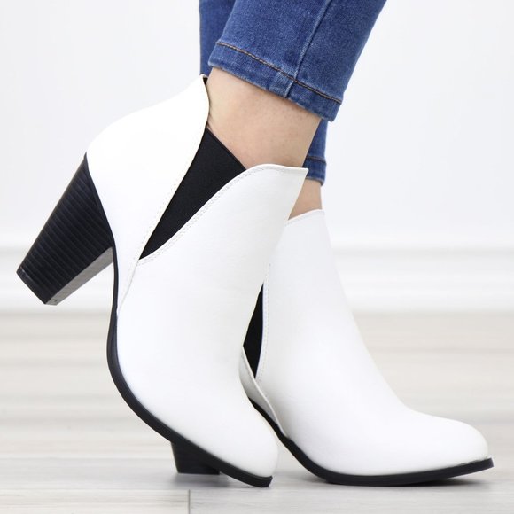 Shoes - Chelsea Cone High Heel Ankle Boots White Synthetic Leather  Pointed Toe